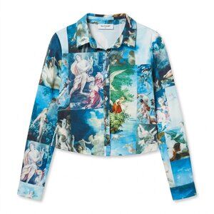 Halfheart LA Top Large Blue Cherub Angel Renaissance Print Button Up Shirt